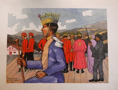 tableau représentant un homme coiffé d'une couronne et tenant une canne