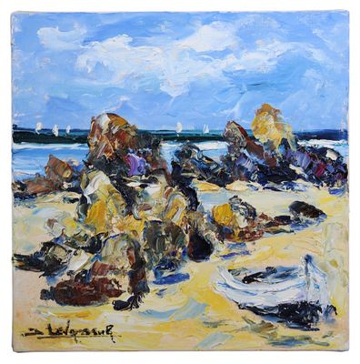 une peinture à l'huile représentant une scène de plage avec des bateaux et des rochers
