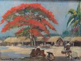 un tableau représentant un arbre rouge au milieu d'un village