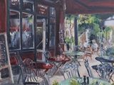 une peinture à l'huile représentant un café en terrasse avec des tables et des chaises