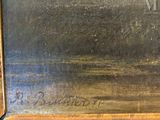 an oil painting of a river scene with a boat in the distance