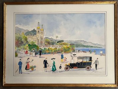 André GOIRAN (XX) Vue de la Côte d'Azur animée d'élégants - Photo 1