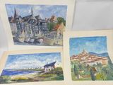 trois aquarelles représentant des bâtiments et une plage sur fond blanc