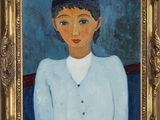 portrait of a woman in a blue cardigan by amedee