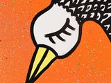 a painting of a bird with a yellow beak on an orange background