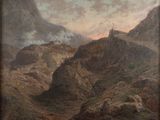 an image of a painting of a mountain scene with a castle in the distance