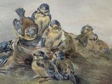 painting of a group of birds sitting on top of a pile of dead birds