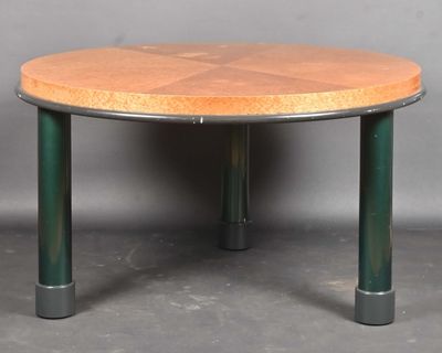 a round table with a wooden top and metal legs