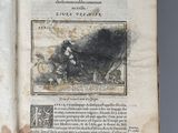 an old book with a black and white drawing on it