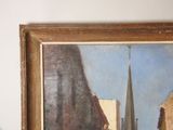 a painting of a church steeple on a city street