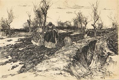 dessin représentant un paysage avec des arbres et des rochers au premier plan
