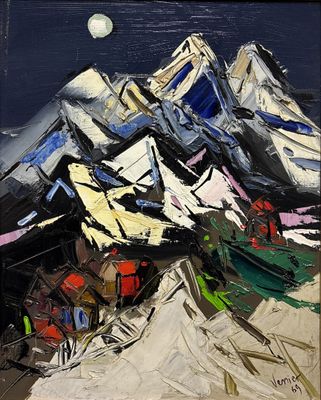 une image représentant un tableau d'une montagne avec une pleine lune en arrière-plan