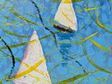 painting of three boats floating in a body of water on a sunny day