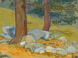 une peinture représentant des rochers et des arbres dans un champ