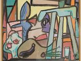 a painting of a dog and a cat in a room
