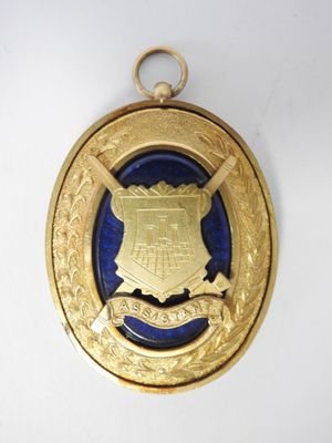 a close up of a medal on a white surface with a blue background