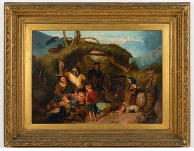 an oil painting of a group of people outside a hut with a dog