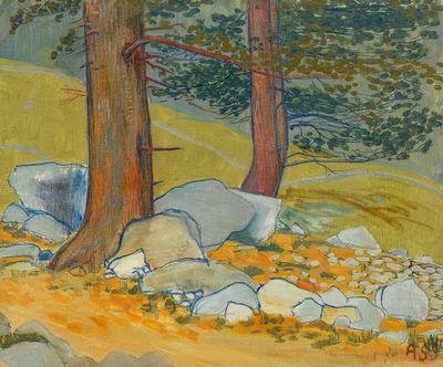 a painting of rocks and trees in a field