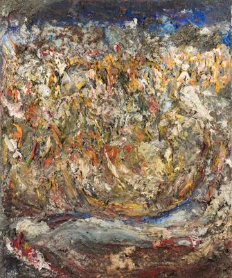 une peinture abstraite représentant un bol de fleurs posé sur une table