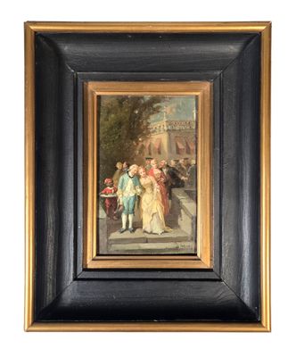 une peinture à l'huile représentant un homme et une femme marchant dans une rue