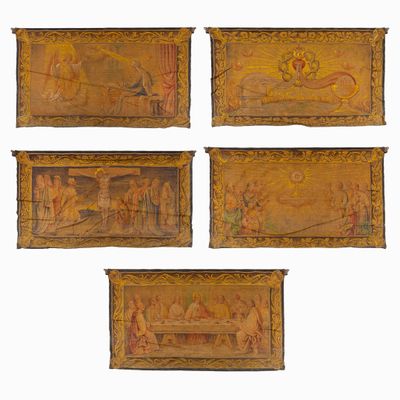 four antique painted wooden plaques depicting scenes of the nativity of jesus