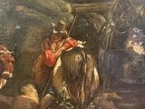 painting of a man riding a horse in a wooded setting