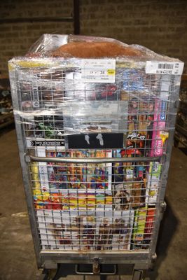 a cart full of magazines and magazines in a warehouse