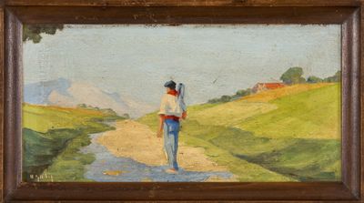 une peinture à l'huile représentant un homme marchant sur un chemin de terre