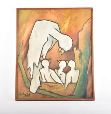 tableau représentant un tableau dans lequel figure une personne tenant un bébé dans une crèche