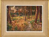 un tableau représentant une scène de forêt avec un sentier au premier plan