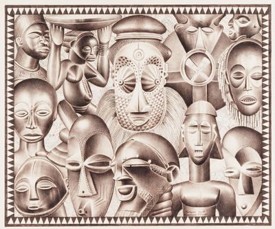 un dessin représentant un groupe de personnes portant des masques sur le visage