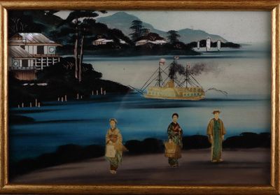 un tableau représentant trois personnes debout devant un plan d'eau