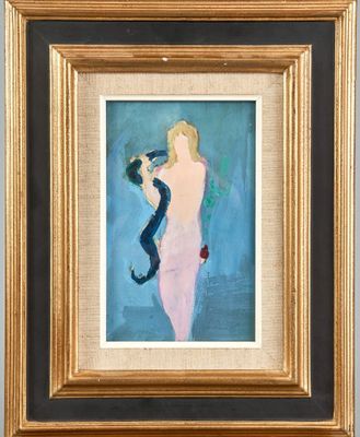 une peinture à l'huile représentant une femme en robe rose tenant un chat noir