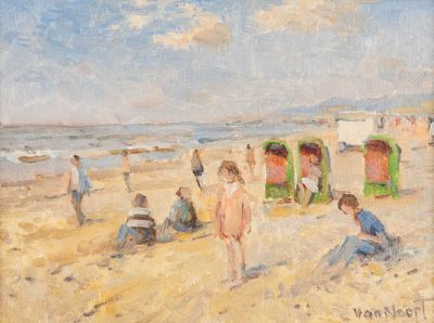 une peinture représentant un groupe de personnes sur la plage