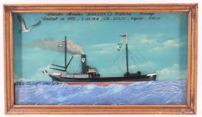 une image d'un tableau représentant un bateau dans l'eau