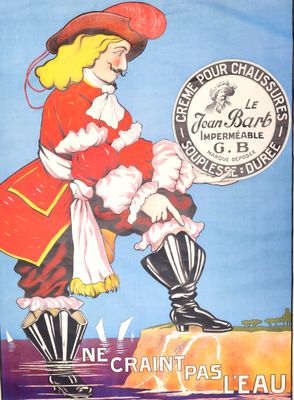 affiche représentant un homme vêtu d'un manteau rouge et d'un chapeau rouge, assis au sommet d'un piédestal