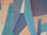 painting of abstract shapes on a wall with a wooden frame
