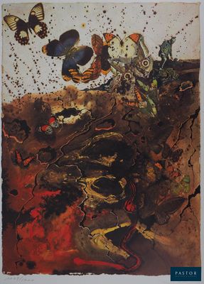 an image of a picture of a painting with butterflies flying over it