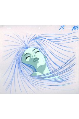 drawing of a woman ' s face with long blue hair