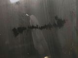 a black and white photo of a window with a bird drawn on it