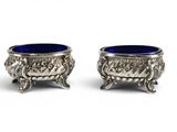 paire de bols sur pied en verre argenté et bleu cobalt