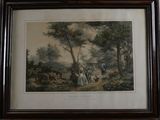 painting of a group of people walking down a path in a wooded area