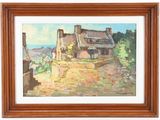 painting of a house on a hill with a view of the ocean