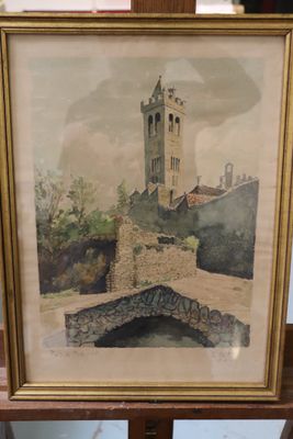 framed watercolor painting of a castle with a bridge in the foreground