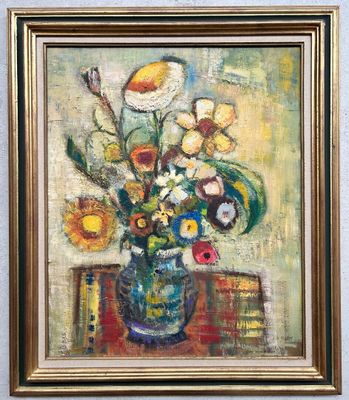 an oil painting of a vase of flowers on a table