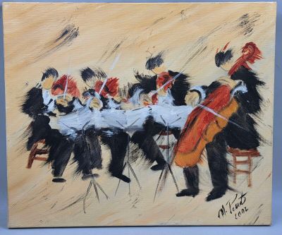 une peinture à l'huile représentant un groupe de musiciens jouant de leurs instruments sur une scène