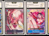 several cards of different colors and designs are on a black background