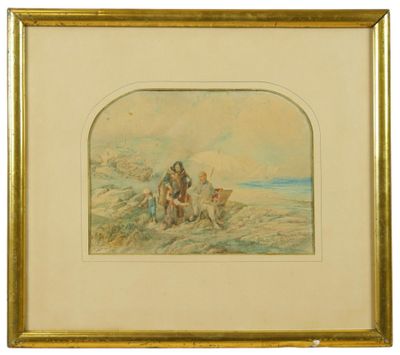 un tableau représentant un homme assis à cheval à côté d'un chien