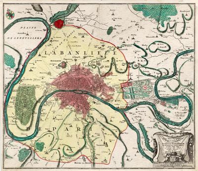 une vieille carte d'une ville traversée par une rivière