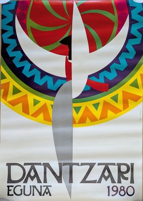 a large poster of a knife on display in front of a building